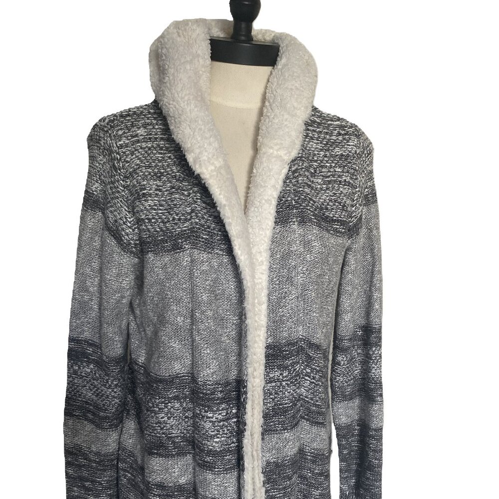 NWT LETY & ME Gray Striped Dockerie Sherpa Lined Hooded Cardigan sz L